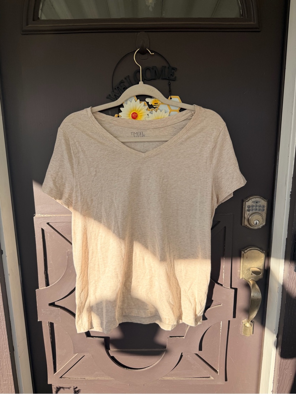 Time and Tru Short Sleeve V-Neck Tee in Light Beige